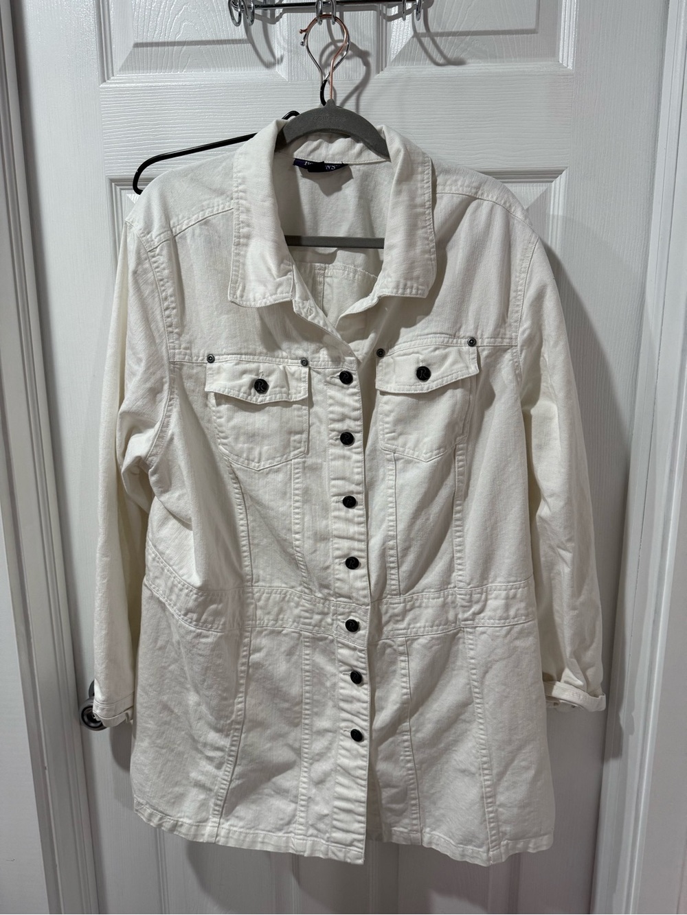 Roaman's White Button-Front long Denim Jacket